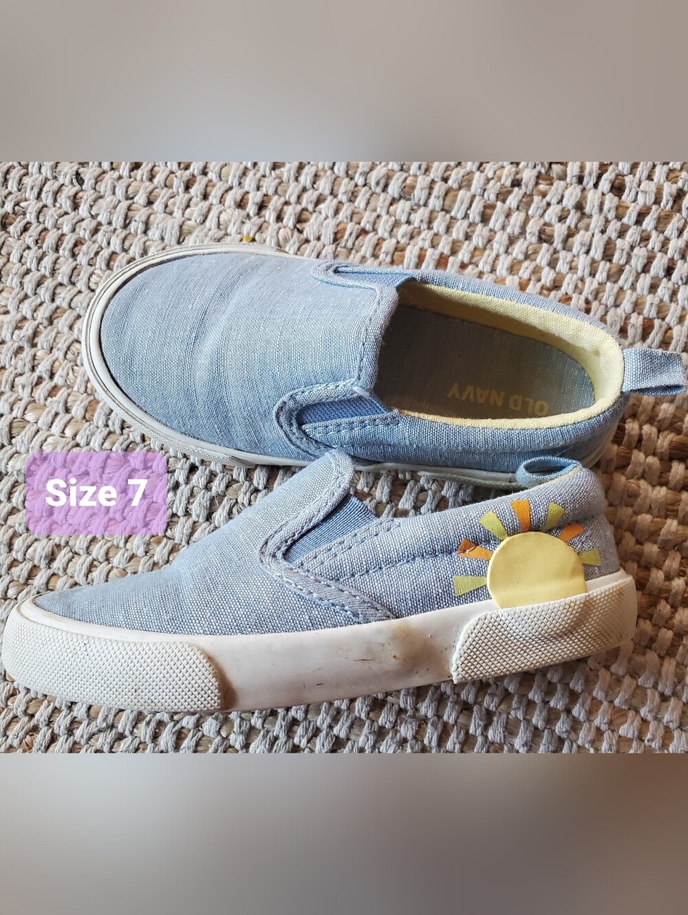 Old Navy Light Blue Slip-On Kids Sneakers with Yellow Sun Accent 7T